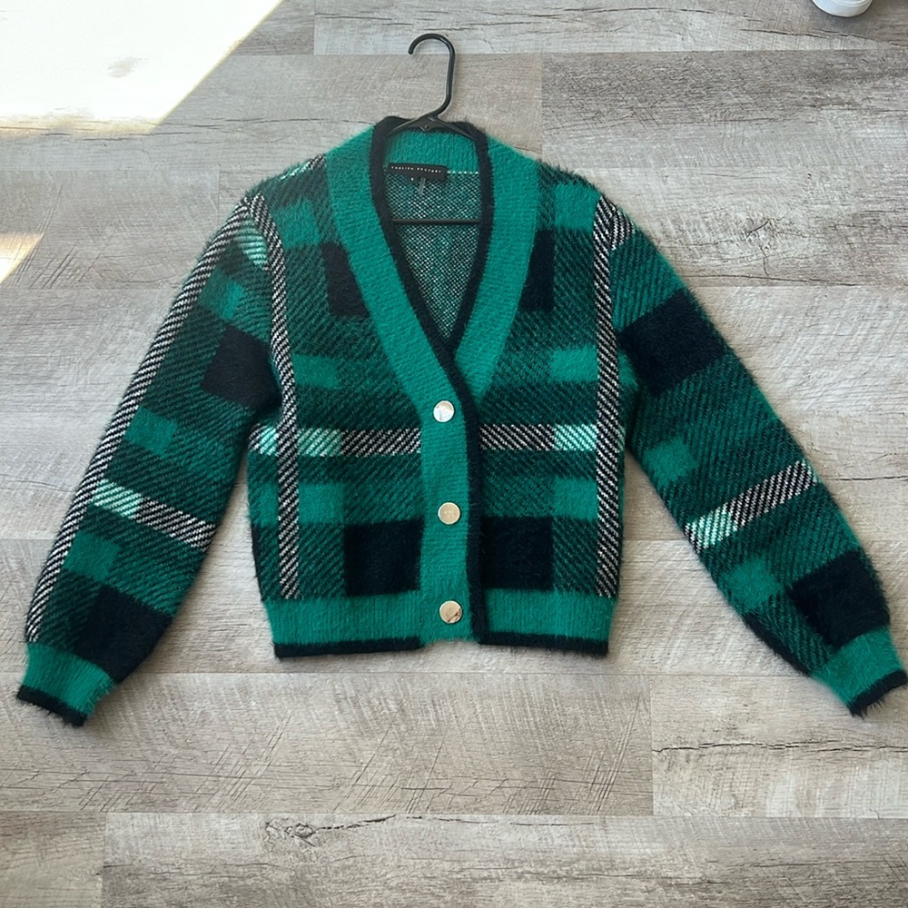 VICI Collection Black + Green Plaid Cardigan